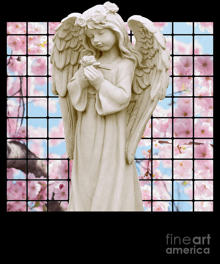 Vaporwave Angel Marble Statue With Japanese Sakura Flowers Design 