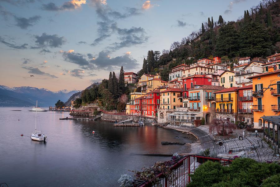 Architecture Photograph - Varenna, Italy On Lake Como At Dusk by Sean Pavone