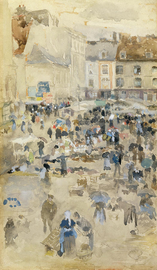 Variations in Violet and Grey--Market Place, Dieppe. Painting by James Abbott McNeill Whistler -1834-1903-