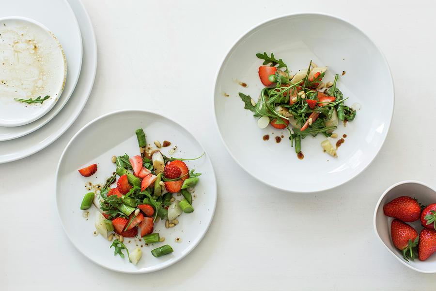 Variations Of Strawberry And Asparagus Salad With Rocket And Green Beans Photograph by Julia Cawley