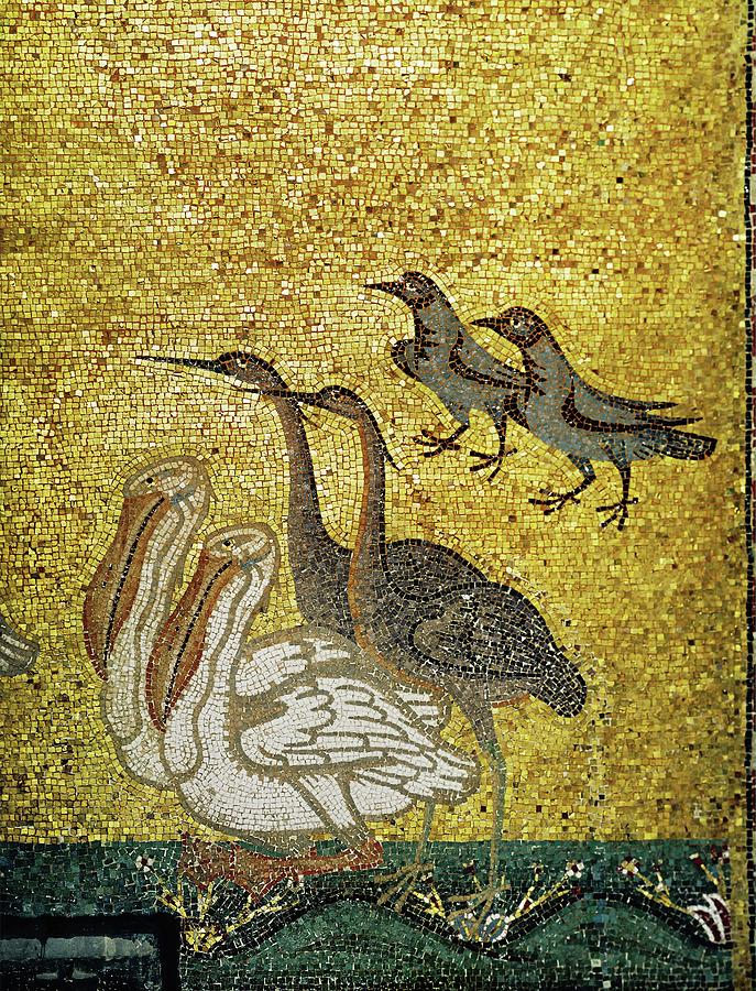 Various birds. Detail from the Story of the Flood, in the atrium of the basilica. Mosaic -14th-. Painting by School Italian