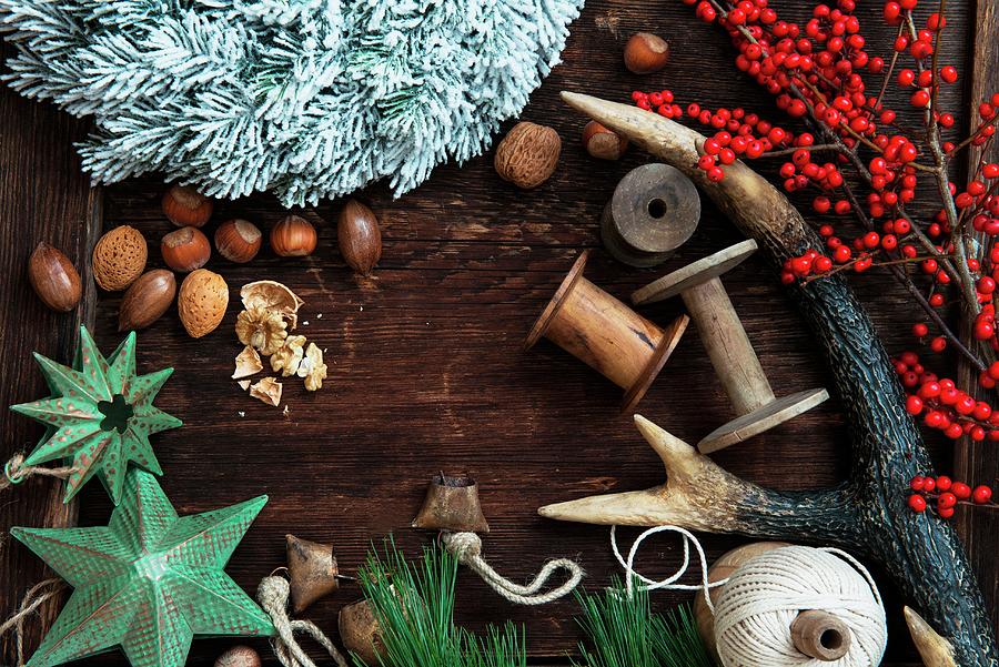 Various Christmas Decorations nuts, Antlers, Twigs Of Berries, Stars Photograph by Veronika Studer