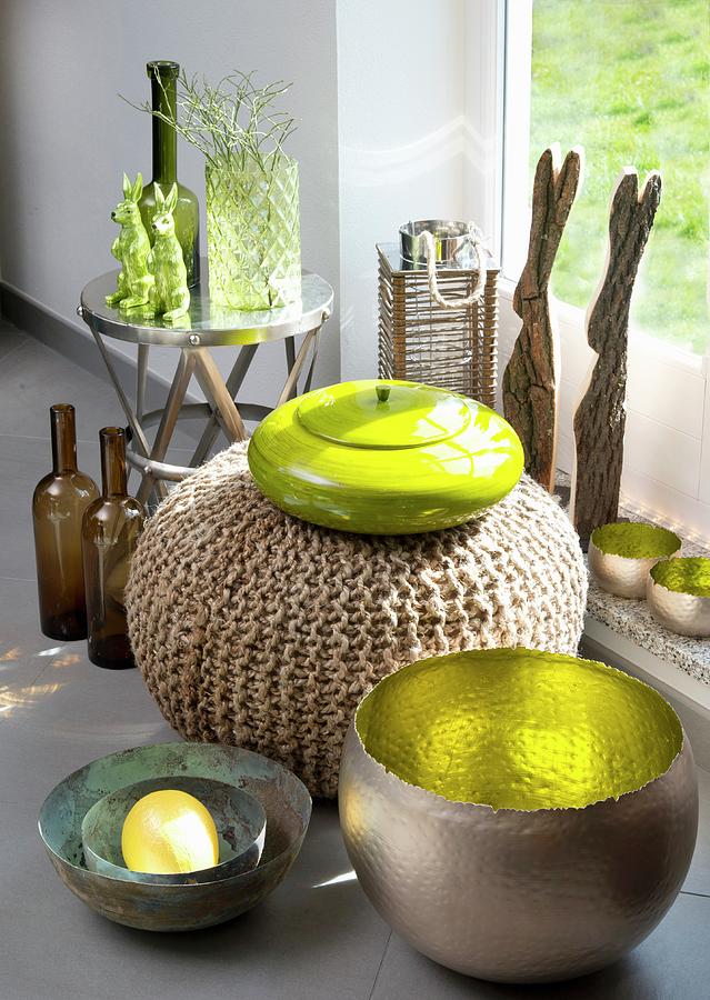 Various Containers Made From Various Materials; Metal Bowl With Gilt Interior, Pouffe And Yellow Ceramic Pot With Lid Photograph by Inge Ofenstein