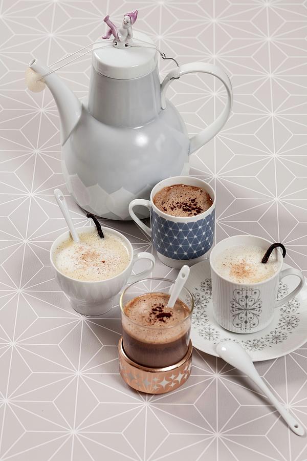Various Cups Of Wintery Hot Drinks And Coffee Pot Photograph by Studio27neun