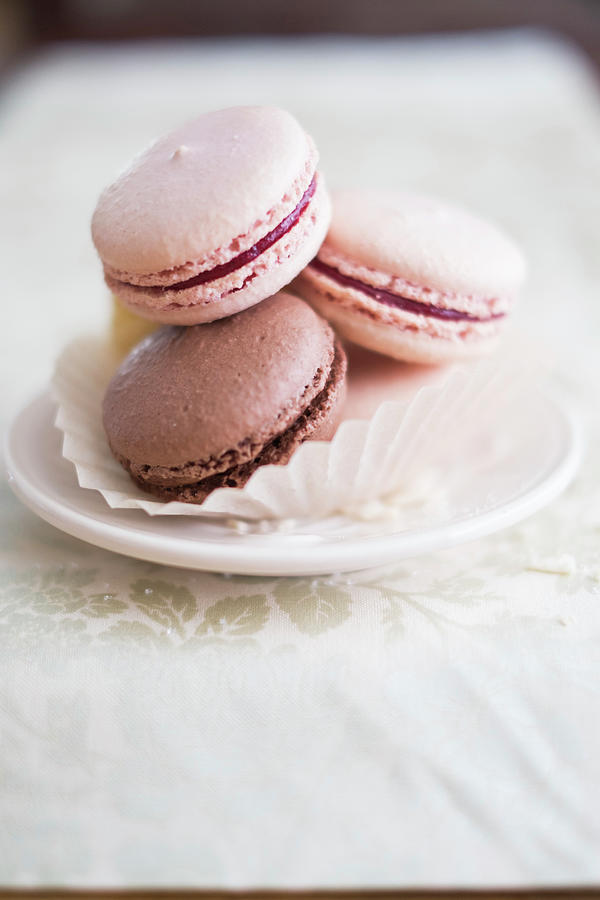 Various French Macarons In A Paper Cup On A Small Plate Photograph by Eising Studio