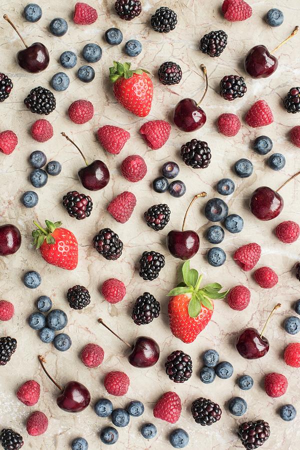 Various Fresh Berries And Cherries seen From Above Photograph by Magdalena Hendey