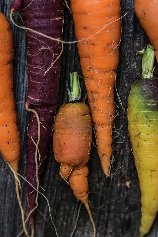Various Fresh Carrots On A Wooden Surface Photograph by The Stepford Husband