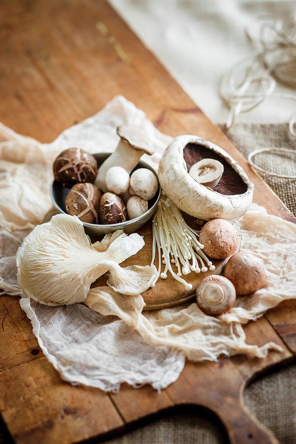 Various Fresh Mushrooms On A Chopping Board Photograph by Andrew Young