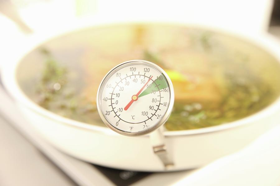 Various Herbs In Oil With A Thermometer Photograph by Uwe Bender
