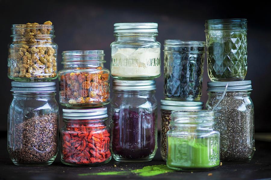 Various Ingredients In Screw Top Jars For Superfood Recipes Photograph by Eising Studio