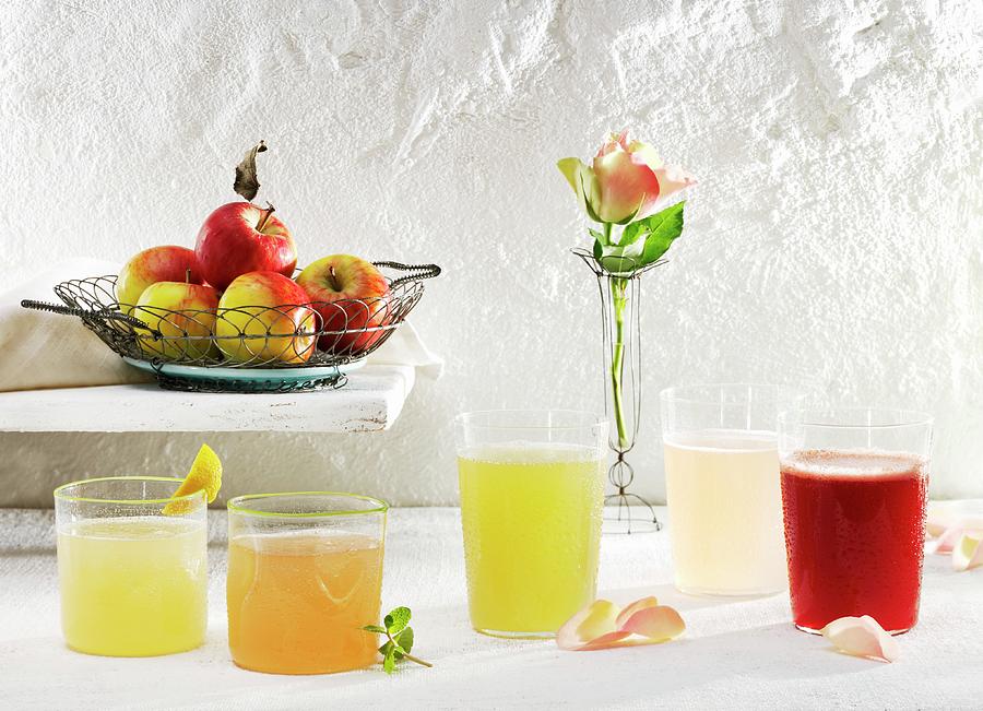 Various Lemonades elderflower, Rhubarb, Fassbrause non-alcoholic Drink Made From Fruit, Spices And Malt Extract And Rose Photograph by Karl Newedel
