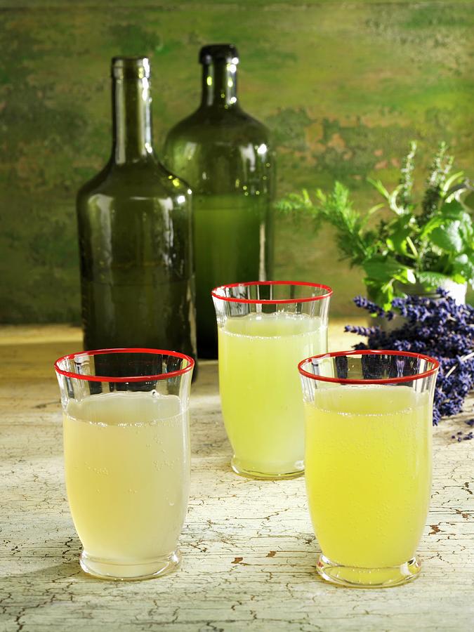 Various Lemonades lavender, Stevia & Herb, And Cucumber & Dill Photograph by Karl Newedel