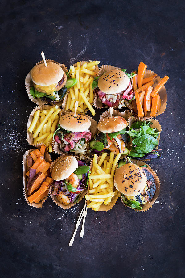 Bread Photograph - Various Mini Burgers And French Fries by Eising Studio