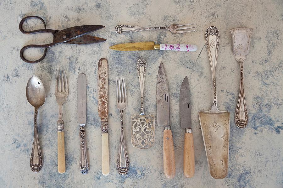 Various Pieces Of Antique Cutlery, Cake Servers And Scissors Photograph by Isolda Delgado Mora