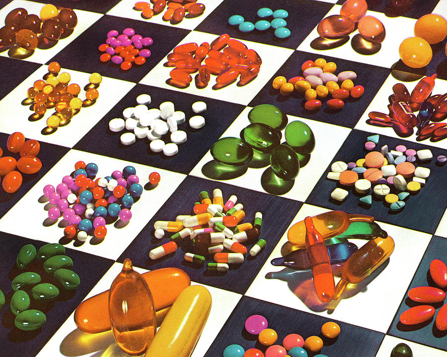 Vintage Drawing - Various Pills on Checkerboard by CSA Images