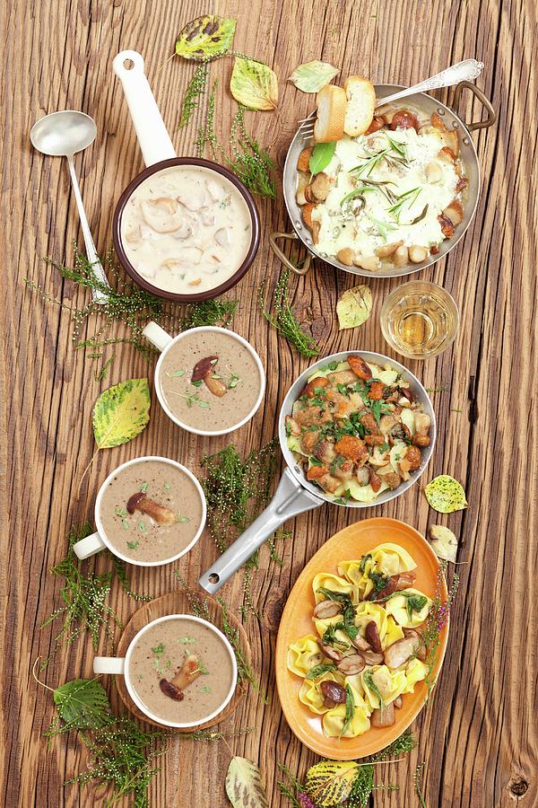 Various Porcini Mushroom Dishes: Soup, Sauce, Tortellini, Bake With Potatoes And Porcini Mushrooms With Mozzarella Photograph by Rua Castilho