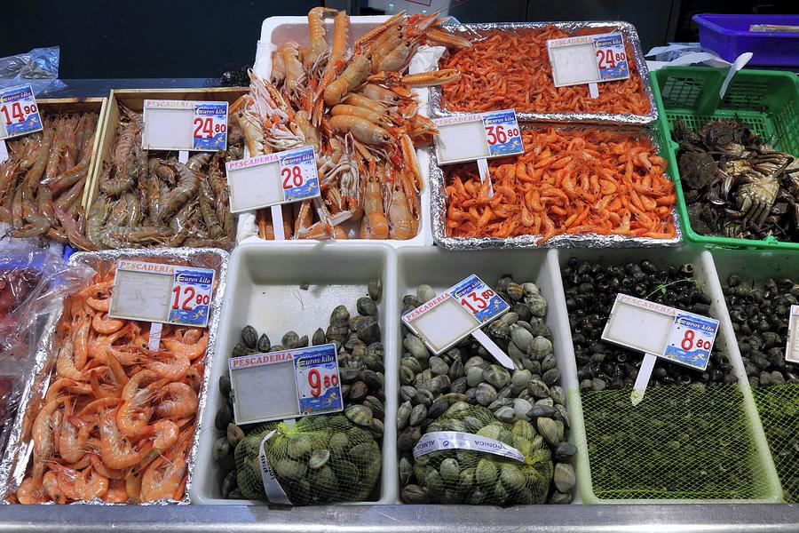 Various Prawns, Langoustines, Clams And Sea Snails At The Fish Market In Bilbao, Basque Country, Spain Photograph by Rainer Grosskopf