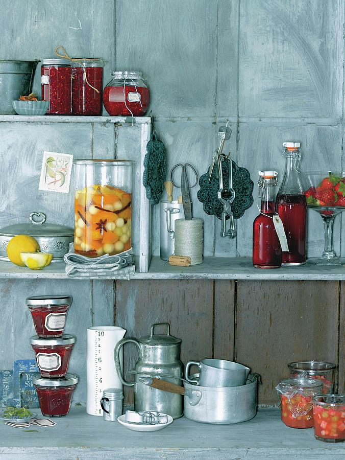 Various Preserving Jars And Kitchen Utensils On A Shelf Photograph by Jalag / Wolfgang Kowall