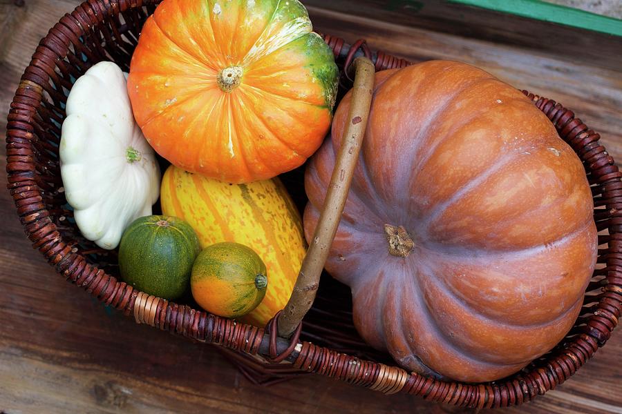 Various Pumpkins In A Wicker Basket Photograph by Sabine Mader