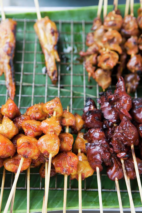 Various Satay Kebabs At A Cookshop Stand thailand, Asia Photograph by Michael Wissing