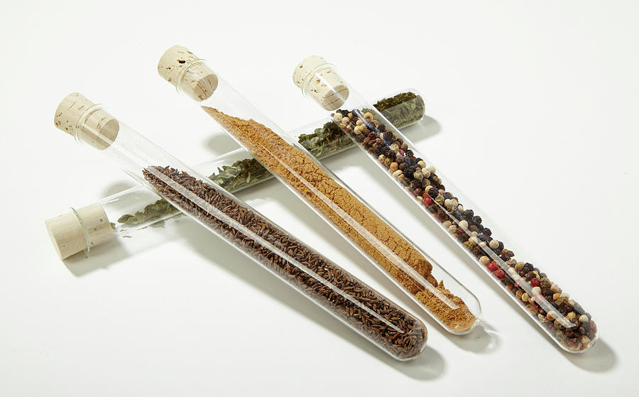 Various Spices In Test Tubes With Cork Stoppers Photograph by Selbermachen Media / Christian Bordes
