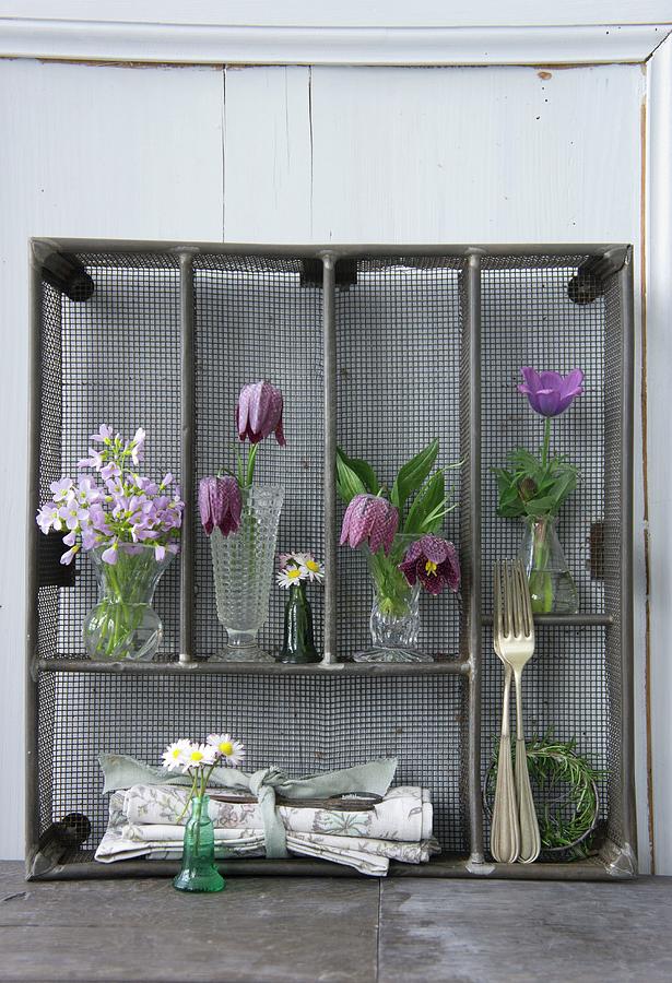 Various Spring Flowers Arranged In Upright Metal Cutlery Drawers Photograph by Martina Schindler