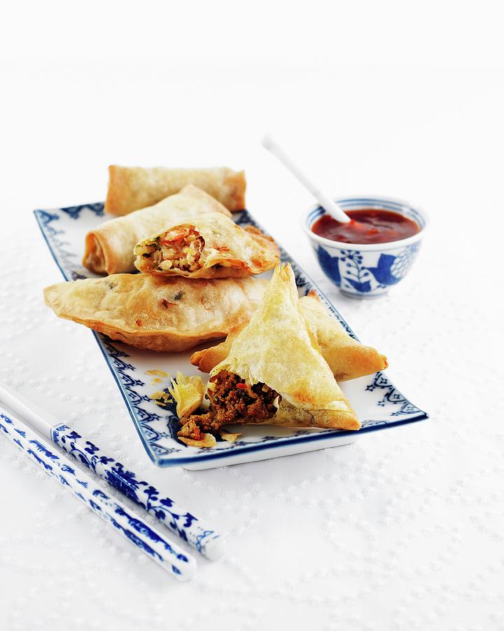 Various Spring Rolls And Samosas With A Dip asia Photograph by Charlie Richards