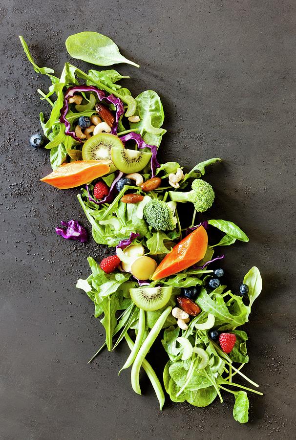 Various Super Foods vegetables, Fruit And Nuts Photograph by Birgit Twellmann