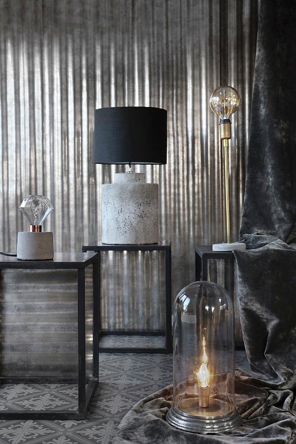 Various Table Lamps On Side Tables In Grey Interior Photograph by Annette Nordstrom
