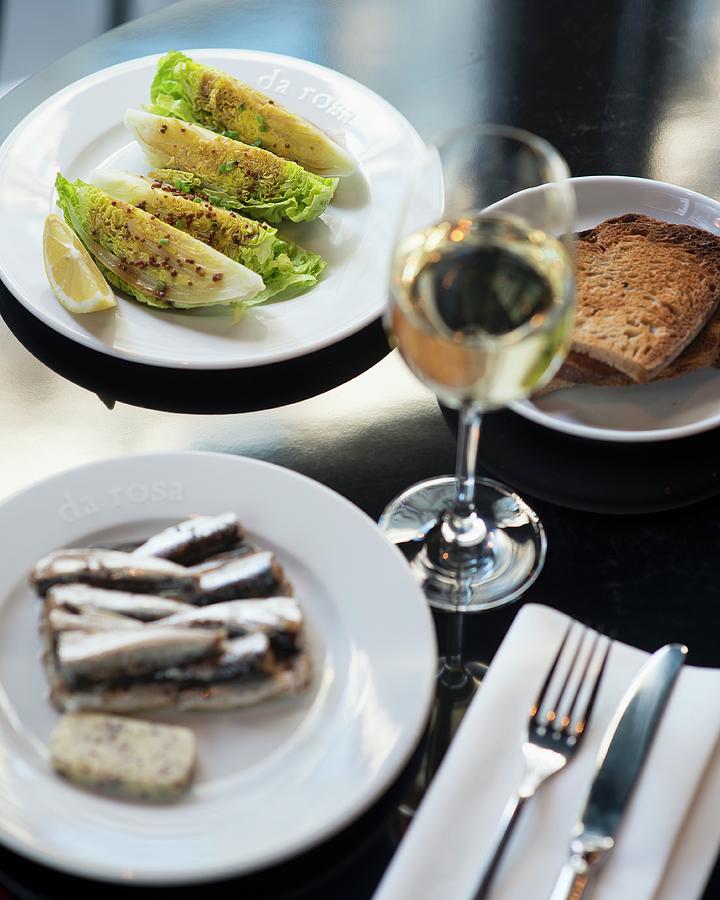 Various Tapas sardines And Lettuce With Wine And Bread Photograph by Frederic Vasseur