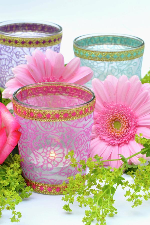 Tea Photograph - Various Tea Light Holders Decorated With Flowers by Daniela Behr