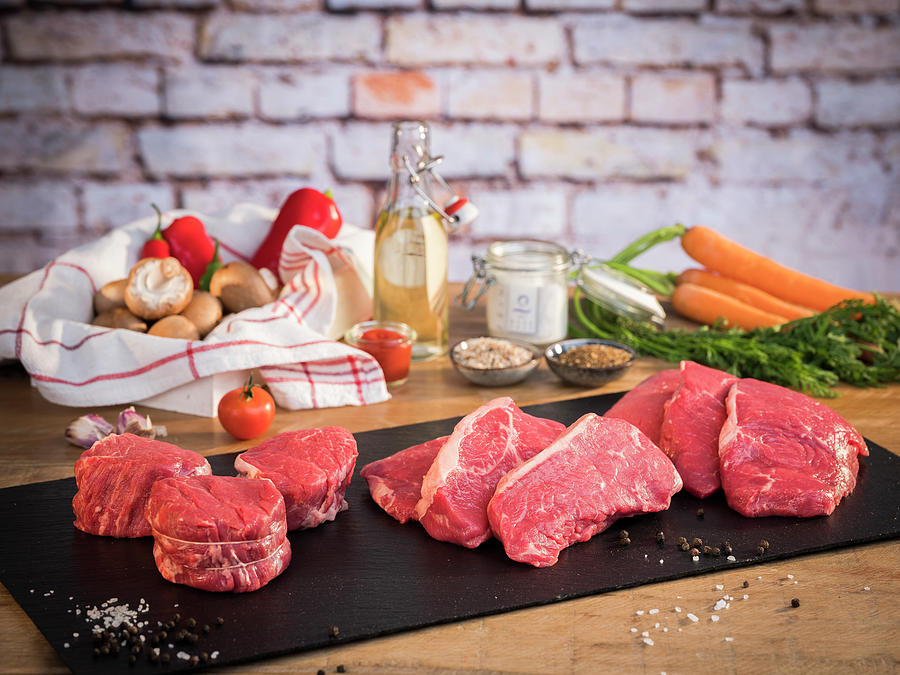 Various Types Of Beef fillet, Roast Beef, Shoulder, Soup Vegetables And Spices Photograph by Niklas Thiemann