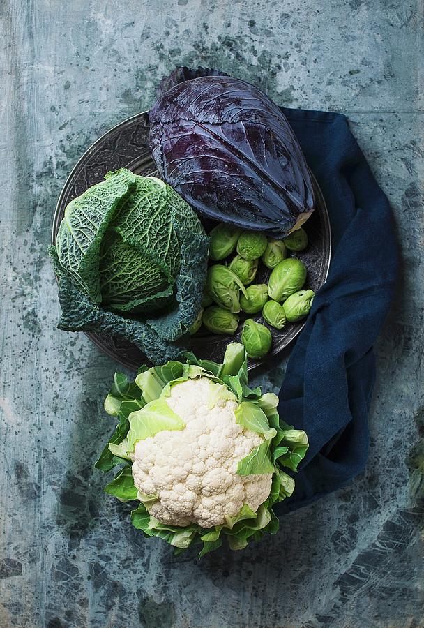 Various Types Of Cabbages On A Grey Flecked Surface Photograph by Ewgenija Schall