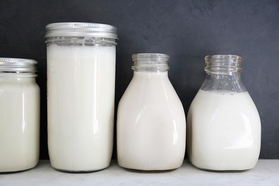 Various Types Of Feed In Milk: Organic Short-grain Rice Milk, Oatmeal, Long-grain Rice Milk And Cashew Nut Milk Photograph by Bayle Doetch