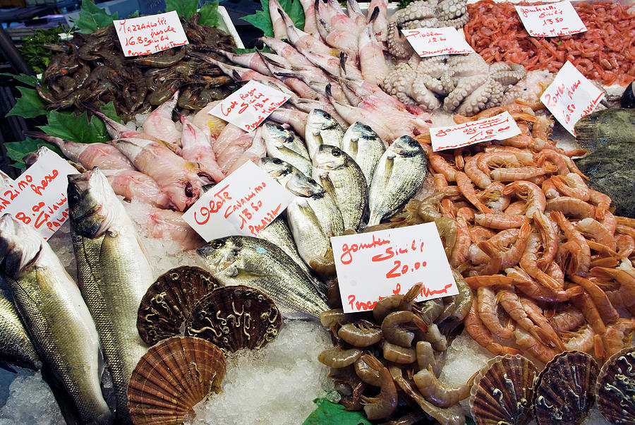 Various Types Of Fish And Seafood With Price Tags In Market, Venice Photograph by Jalag / Stefano Scat