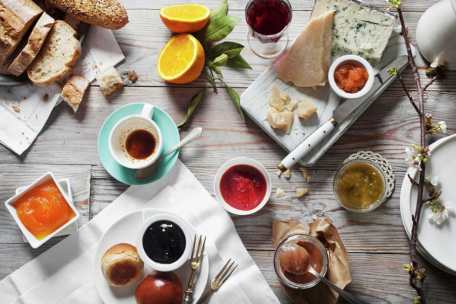 Various Types Of Jam And Jellies With Cheese And Bread Photograph by Malgorzata Stepien