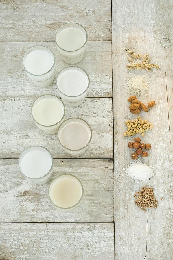 Various Types Of Lactose-free Milk In Glasses seen From Above Photograph by Achim Sass