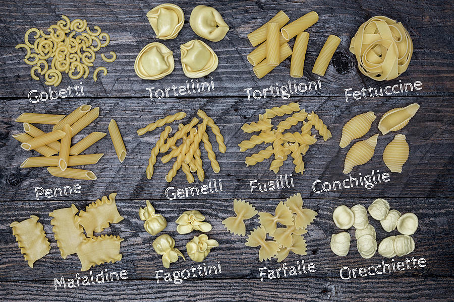 Various Types Of Pasta With Labels On A Wooden Background Photograph by Nils Melzer