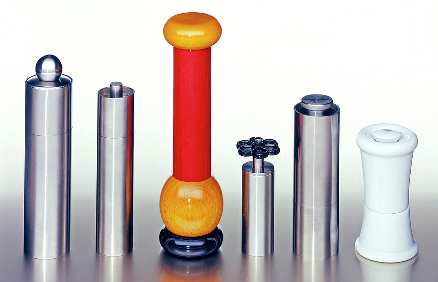 Various Types Of Pepper Mills Of Wood, Stainless Steel And Ceramics Photograph by Jalag / Jrn Zolondek