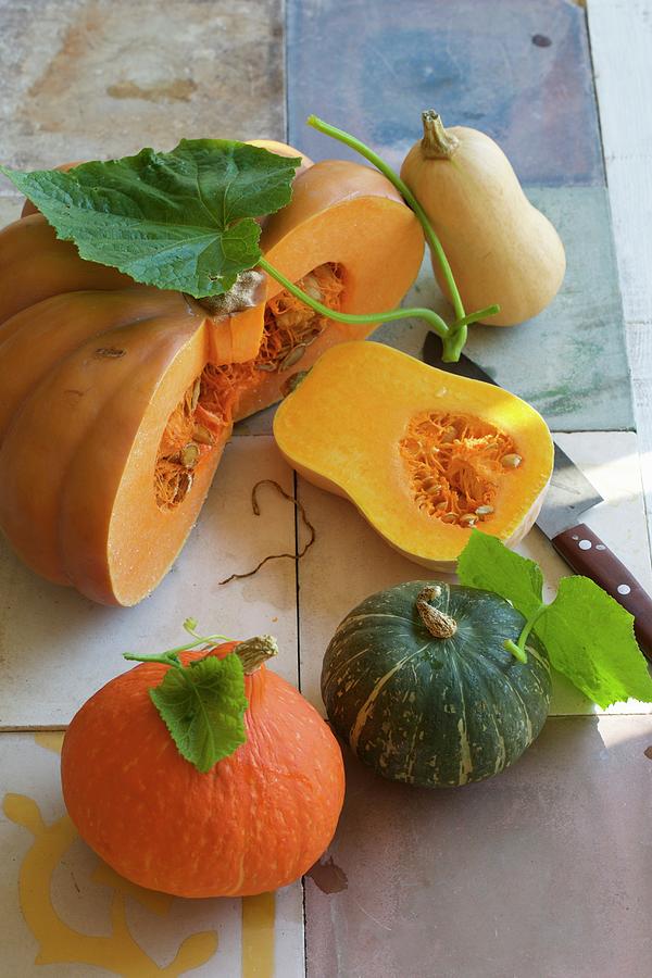 Various Types Of Squash, Whole And Sliced Photograph by Sabine Mader