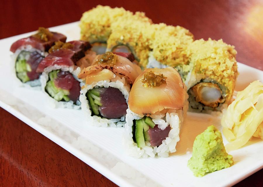 Various Types Of Sushi With Wasabi And Ginger On A Serving Platter Photograph by Allison Dinner