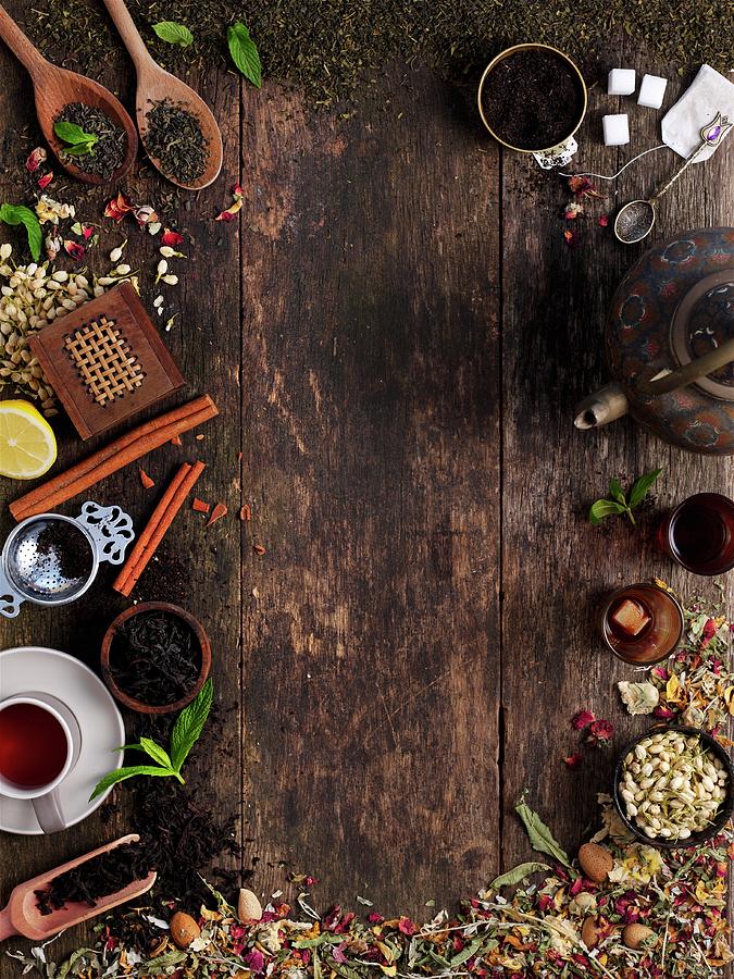 Various Types Of Tea Arranged Around The Edge Of The Picture Photograph by Ian Garlick