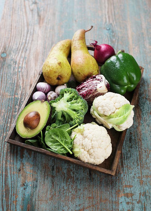 Various Vegetables With Pears On A Wooden Tray Photograph by Ewgenija Schall