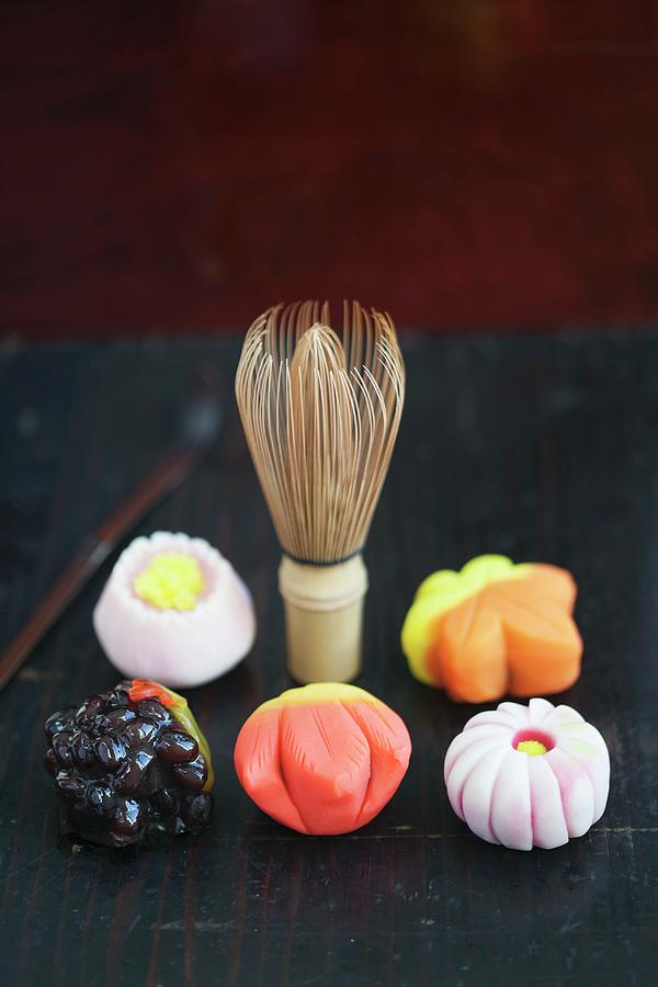 Various Wagashi japanese Sweets And A Tea Whisk Photograph by Martina Schindler