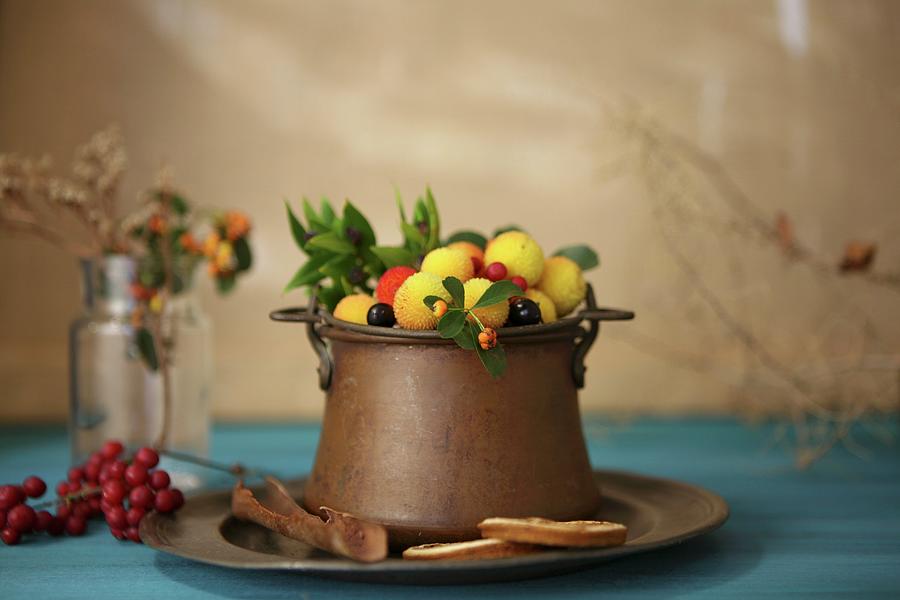 Various Winter Fruit In A Metal Pot Photograph by Viola Cajo