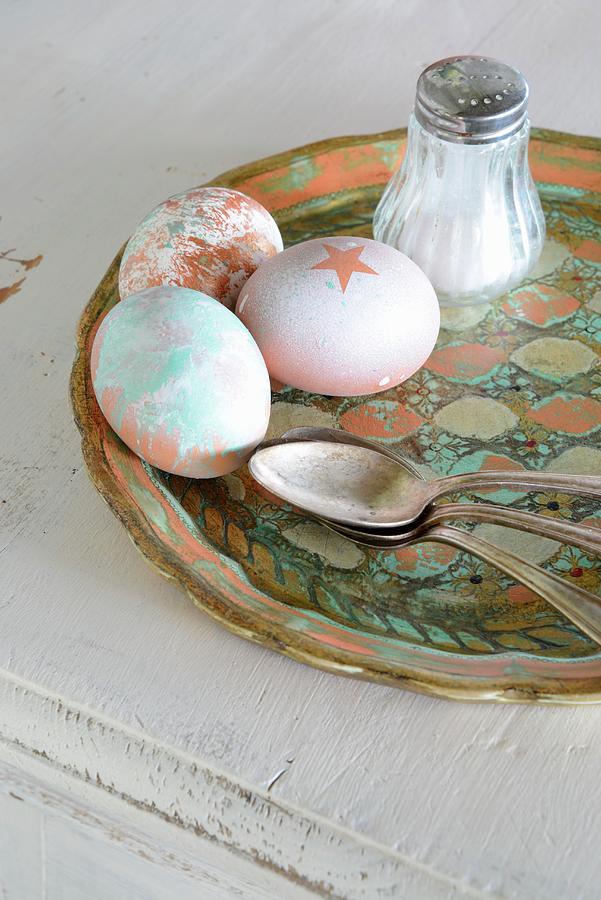 Variously Painted Easter Eggs, Silver Spoon And Salt Cellar On Vintage Tray Photograph by Revier 51