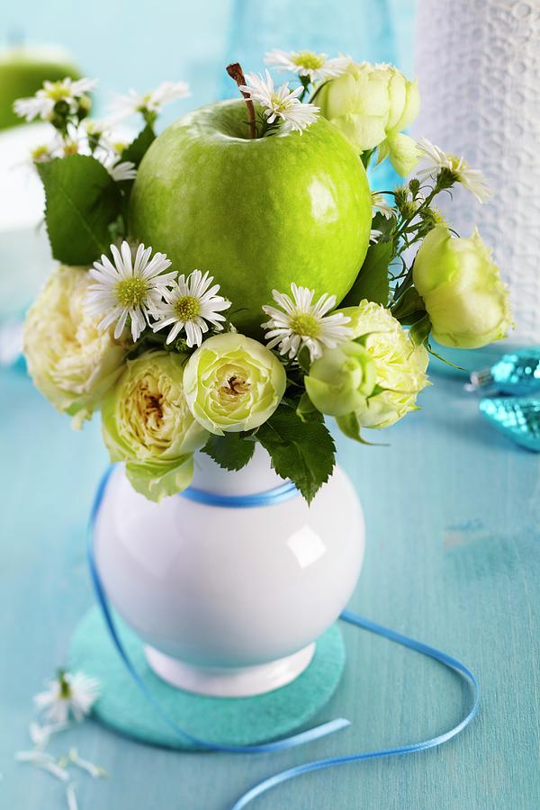 Vase Of Blanchette Roses, Chamomile And A Green Apple Photograph by Franziska Taube