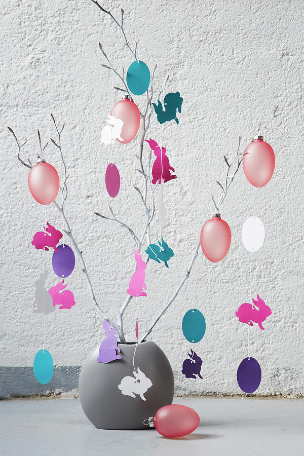 Vase Of Branches Decorated With Paper Cut-outs And Easter Eggs Photograph by Heidi Frhlich
