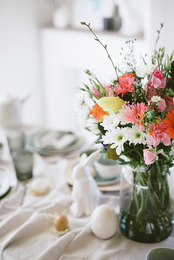 Spring Photograph - Vase Of Colourful Flowers On Easter Breakfast Table by Katja Heil