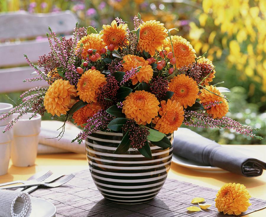Vase Of Dahlias, Heather And Hypericum Berries Photograph by Strauss, Friedrich